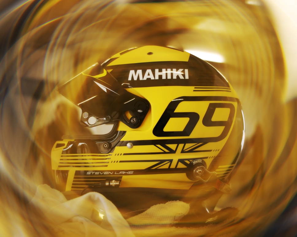 Disruptive Ltd's bespoke design helmet livery for Mahiki Racing with bold branding & precision detailing