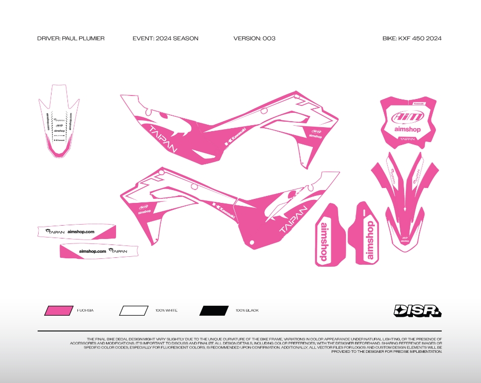 Bespoke bike decal for Aim Motorsport & Taipan, designed for KXF 450 with bold fuchsia branding