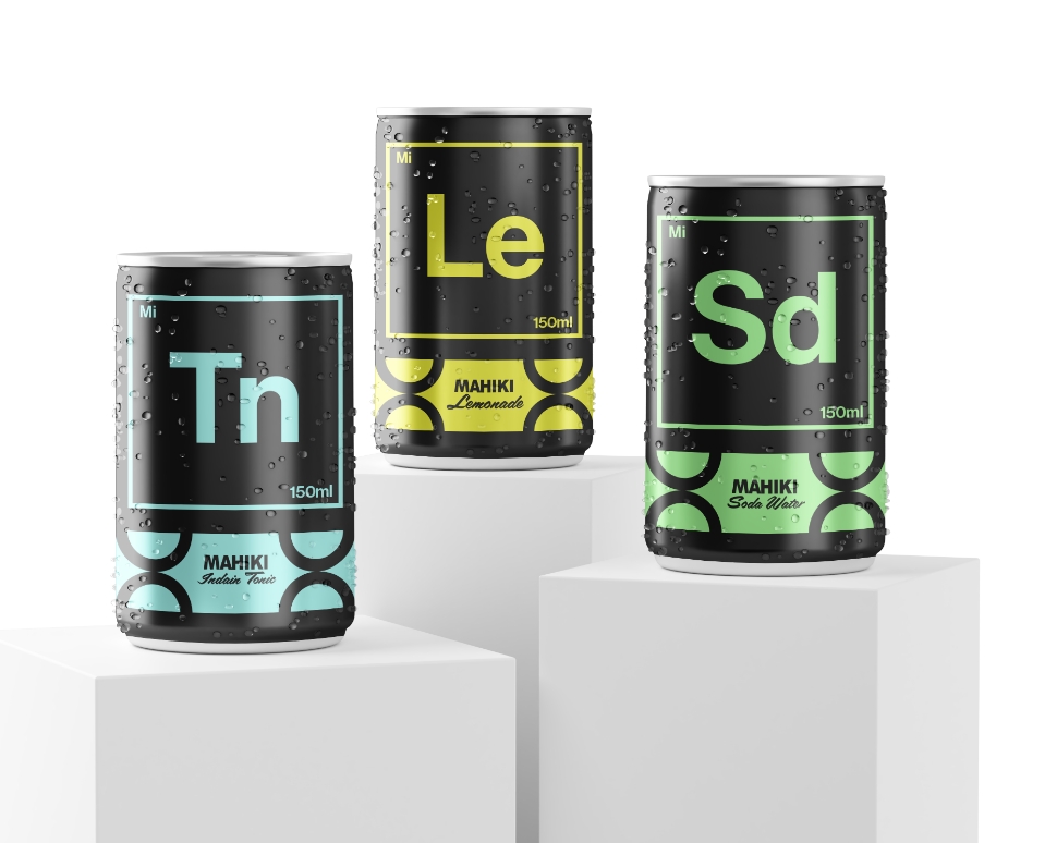 Disruptive Ltd bespoke packaging design concept for Mahiki mixers range in periodic-style cans