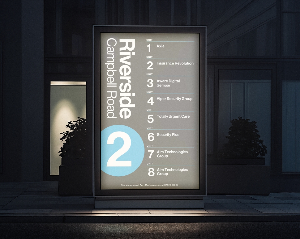 Disruptive Ltd bespoke signage for Riverside business directory with clean & clear typography & navigation