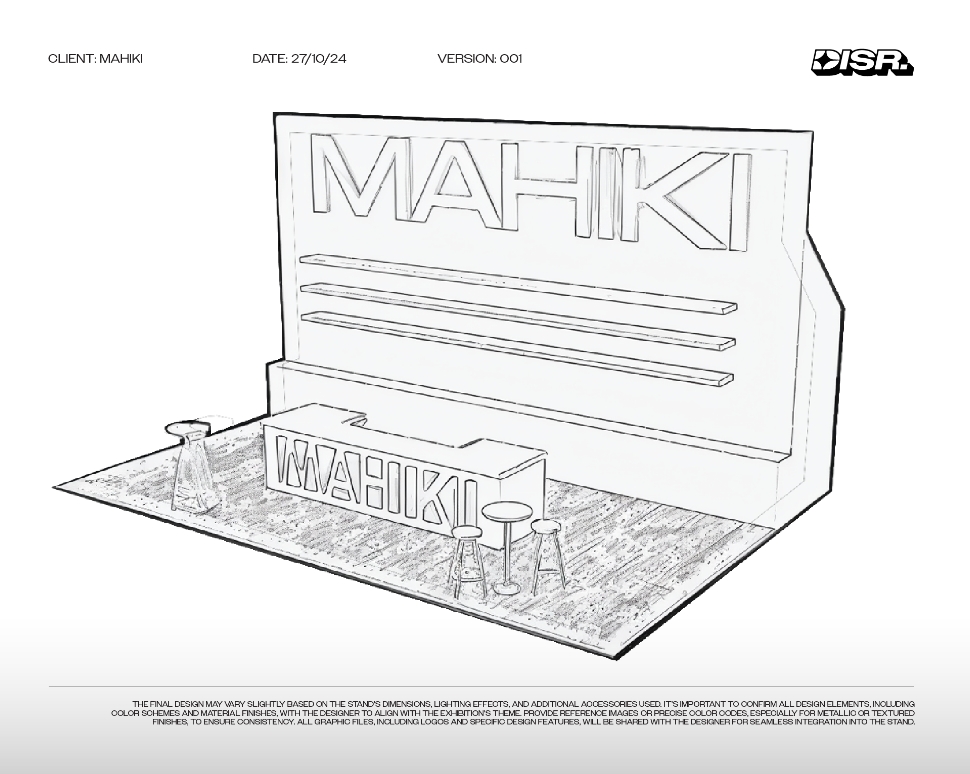 Disr. creative agency exhibition stand concept for Mahiki featuring branded bar setup & modular display design