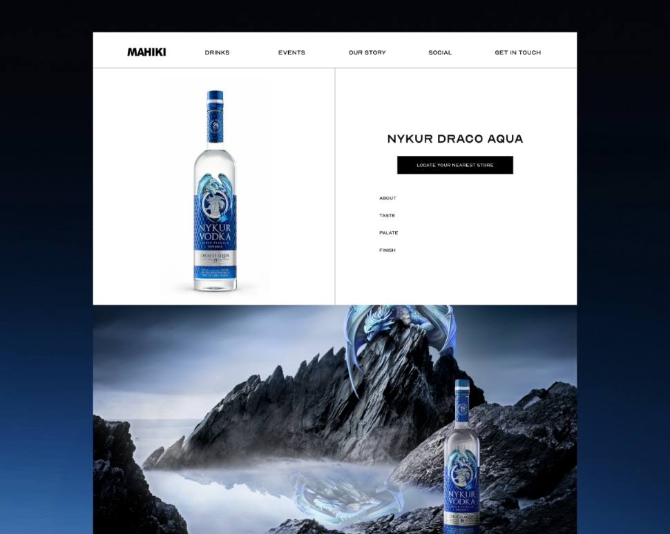 Disr. creative agency product page concept for Mahiki's Nykur Vodka featuring branded visuals & immersive storytelling design