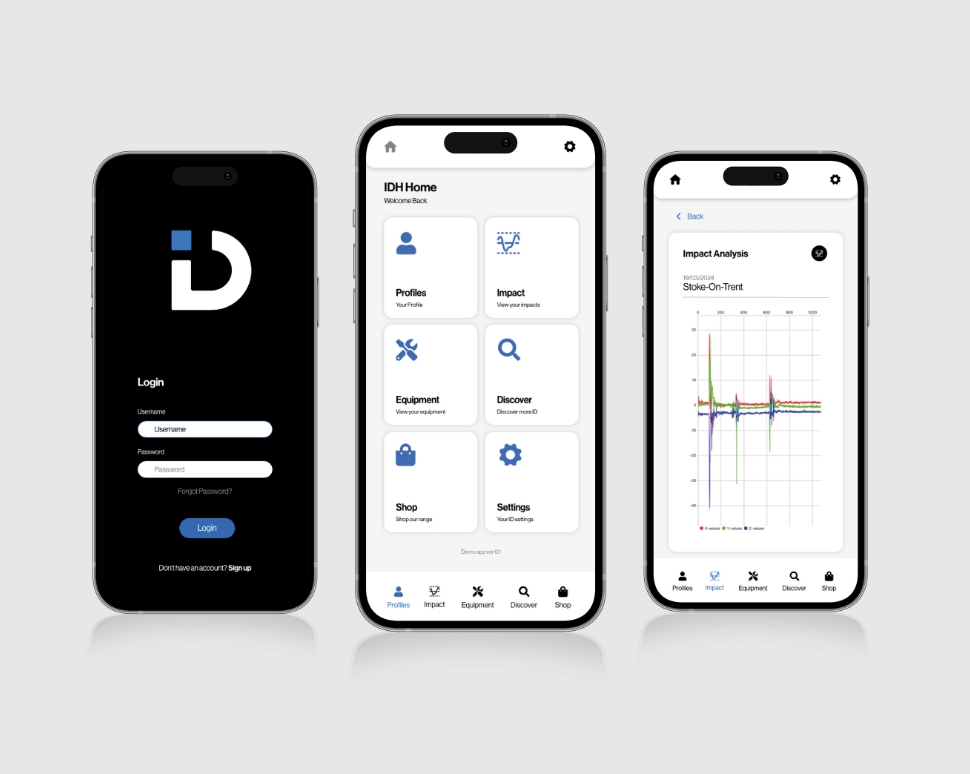 Disruptive Ltd bespoke app design featuring user login, dashboard UI & real time impact data visualisation