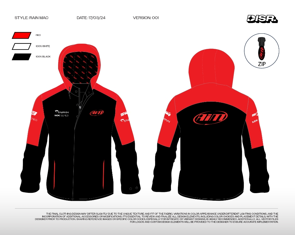 Disr. design agencies custom rain jacket concept for Aim Motorsport featuring branded logos & colours