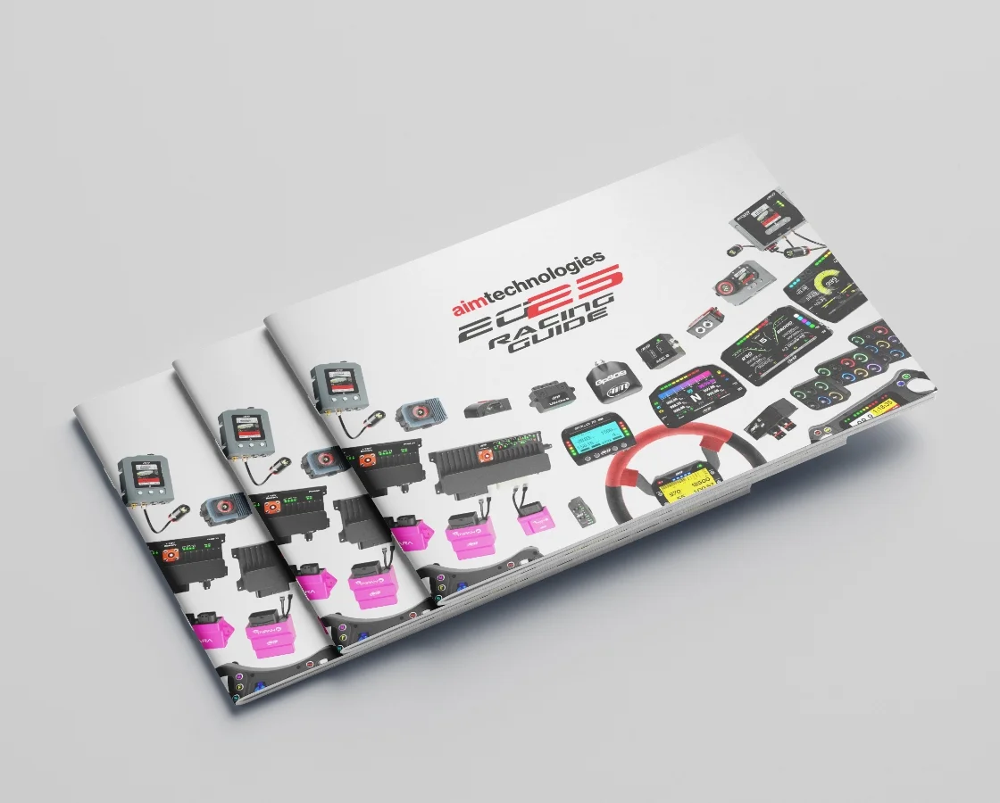 Disruptive Ltd printed product guide design for Aim Technologies featuring motorsport electronics & dashboards